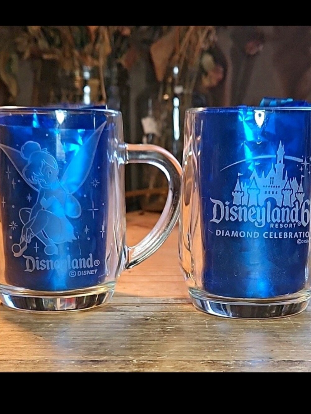 2 Etched Glass "JANE" Mugs Disneyland 60 Year Celebration Tinker Bell 2010
